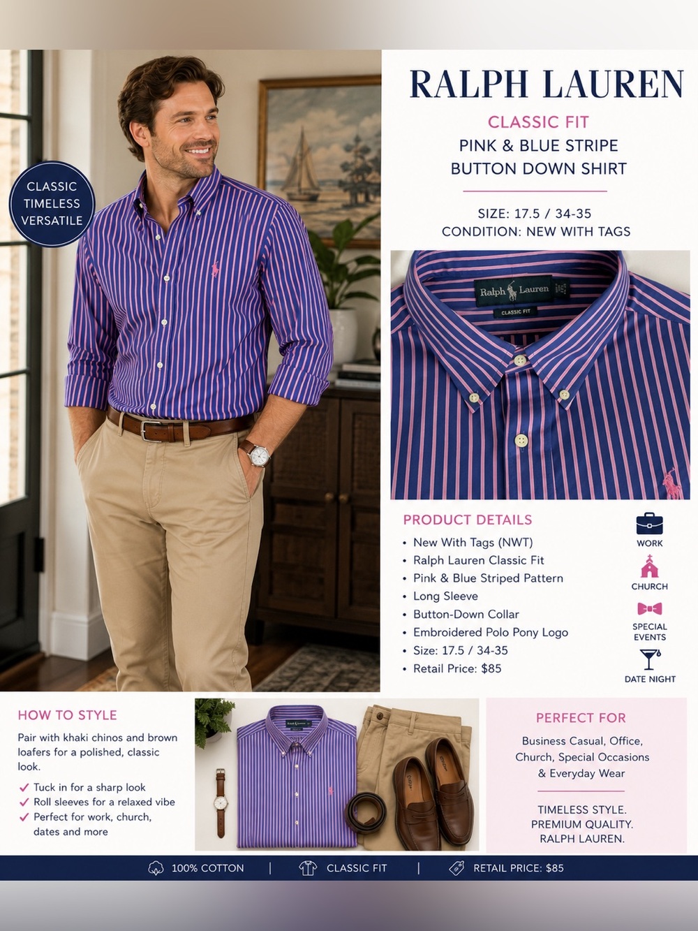 NWT Ralph Lauren Classic Fit Blue and Pink Men’s Button Down 17.5 34/35 - Picture 7 of 7